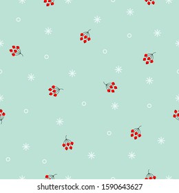 Seamless winter pattern. Random White snowflakes and red berries on blue background. Minimalistic Vector holiday illustration for wallpapers, wrapping paper, textile. Christmas and New Year Ornament