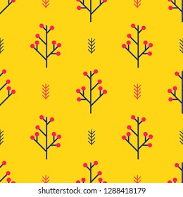 Seamless winter pattern with red berries and branches on vivid orange background. Simple vector ornament of nordic geometrical style.