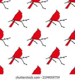 seamless winter pattern with red birds cardinals. vector flat wild nature ornament on white background. winter birdy cute texture. Holiday wallpaper
