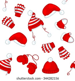 Seamless winter pattern with red hats and gloves