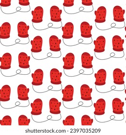 Seamless winter pattern with red warm gloves. Kids knitted gloves illustration texture.
