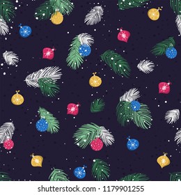 Seamless winter pattern. Repeating background with colorful hand drawn Christmas balls and fir branches. Holiday design. Vector illustration