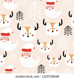 Seamless winter pattern with Santa, deer and christmas tree. Creative holiday texture. Great for fabric, textile Vector Illustration