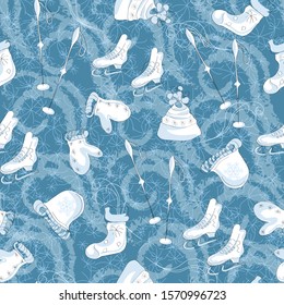 Seamless winter pattern in scandinavian style. Vector cartoon illustration of a snowstorm with sleds, mittens, gifts and snowflakes on a blue background.