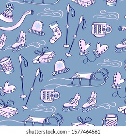 Seamless winter pattern in scandinavian style. Vector cartoon illustration with sled, mittens, gifts and snowflakes on a blue background.