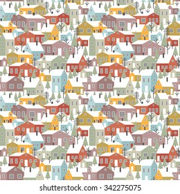 Seamless winter pattern with scandinavian village in flat style 1