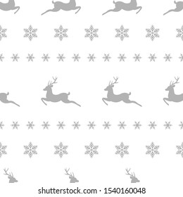 seamless winter pattern with silver grey snowflakes and deers with antlers. vector flat Christmas ornament on white background. winter reindeer texture.