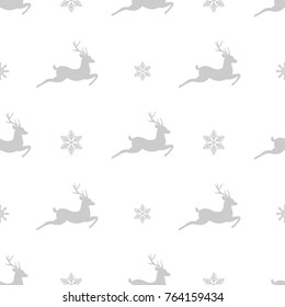 seamless winter pattern with silver grey snowflakes and deers with antlers. vector flat Christmas ornament on white background. winter reindeer texture.