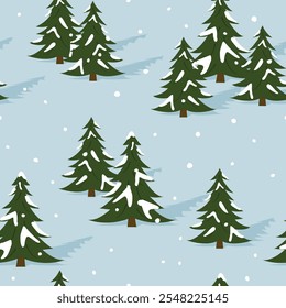 seamless winter pattern with slope with green fir trees covered with snow; christmas background- vector illustration
