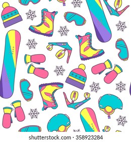 Seamless winter pattern with snowboard equipment in a vibrant, youth style. Vector background. Snowboard bindings, snowboard boots. Seamless pattern of snowboard equipment.