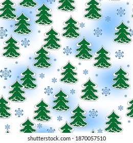 Seamless winter pattern of snow-covered green Christmas trees, dark blue curly snowflakes. White background with blurry blue spots      . For the manufacture of modern, beautiful and quality products.