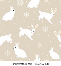 seamless winter pattern with snowfall and white hares