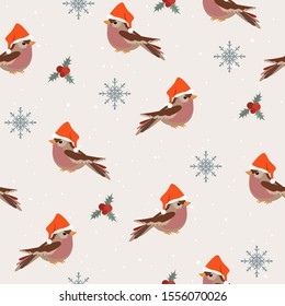 Seamless winter pattern with snowflakes and birds in Christmas hat. Editable Vector Illustration.