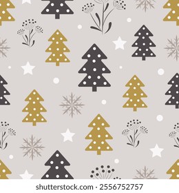 Seamless winter pattern with snowflakes and Christmas trees on a gray background