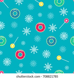 Seamless winter pattern with snowflakes donuts and lollipops