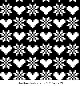 Seamless winter pattern with snowflakes and hearts.