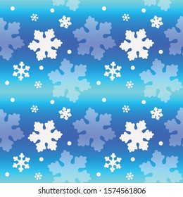 Seamless winter pattern with snowflakes on a bright blue and blue background. Delicate bright winter pattern - white and translucent snowflakes - blizzard on ice rink - vector