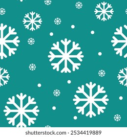 Seamless winter pattern with snowflakes on a blue-green background.	