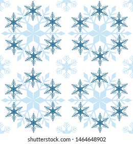 Seamless winter pattern of snowflakes shades of blue on white background, vector illustration.