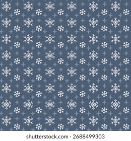 Patrón de invierno sin fisuras con copos de nieve y Formas de estrellas sobre fondo gris. Ornamento de Vector para el papel de embalaje, tela, embalaje, fondo digital