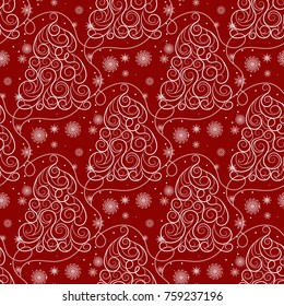 Seamless winter pattern with snowflakes and swirls in a shape of fir tree.