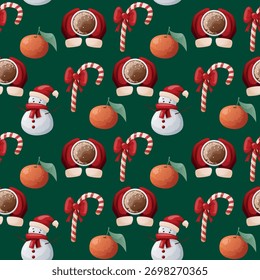 Patrón de invierno sin fisuras con un muñeco de nieve, caña de Navidades y naranja sobre un fondo verde.