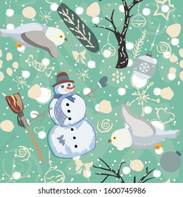 Seamless Winter Pattern with Snowman and Owls. Vector Illustration.