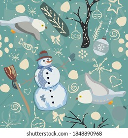 Patrón de invierno sin foco con muñecos de nieve y búhos. Ilustración vectorial.