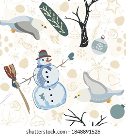 Patrón de invierno sin foco con muñecos de nieve y búhos. Ilustración vectorial.