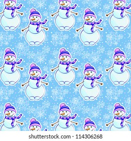 Seamless winter pattern with snowman and snowflakes