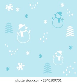 Seamless winter pattern with snowman and snowflakes