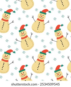 Seamless winter pattern with snowmen in cute hats with snowflakes scattered around. Ideal for Christmas packaging, holiday decorations and seasonal designs.