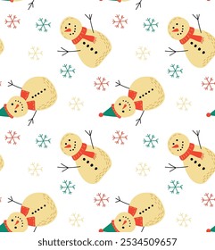 Seamless winter pattern with snowmen in cute hats and scarves with snowflakes scattered around. Ideal for Christmas packaging, holiday decorations and seasonal designs.