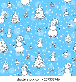 Seamless winter pattern with snowmen, firs, stars and Christmas balls