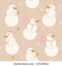 Seamless winter pattern with snowmen on a beige background. vector illustration