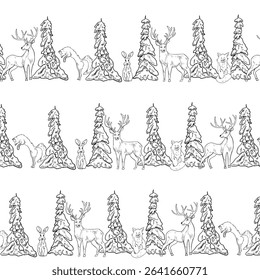 Seamless winter pattern with snowy fir trees and woodland animals hand drawn black white outline vector. Rustic forest scene with fox, deer and hare monochrome repeated background for Christmas print.