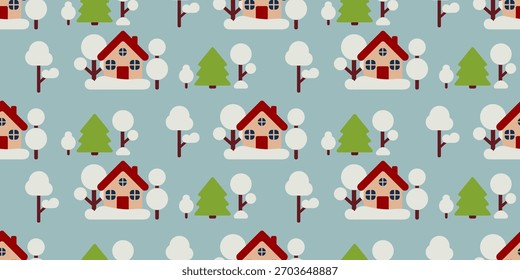 Seamless winter pattern with snowy houses, trees and firs on light background. Ideal for wrapping paper, seasonal textiles, Christmas packaging and festive winter themes.