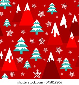 Seamless winter pattern with snowy mountains, pine trees and snowflakes