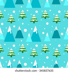 Seamless winter pattern with snowy mountains and pine trees