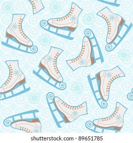 Seamless winter pattern. Sport background with figure ice skates and snowflakes