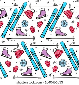 Seamless winter pattern. Sports background with hand-drawn skates, skis and snowflakes. Vector Illustration for the design of competitions, sports projects, tennis equipment.