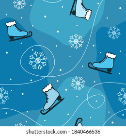 Patrón de invierno sin foco. Fondo deportivo con patines hechos a mano y copos de nieve. Ilustración vectorial para el diseño de competencias, proyectos deportivos, equipos de tenis.