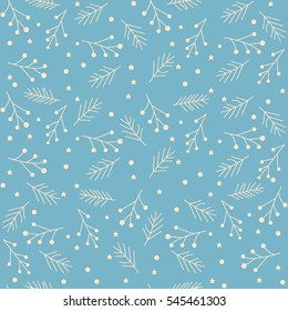 Seamless winter pattern with stars, snowflakes and fir branches. Vector illustration.