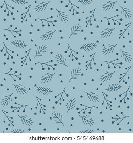Seamless winter pattern with stars, snowflakes and fir branches. Vector illustration.