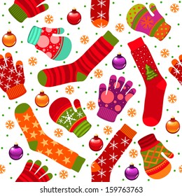 Seamless winter pattern with stocking, gloves, mittens and christmas balls