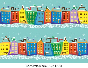 Seamless winter pattern with street of old town with colored houses and paving stone on the blue background.