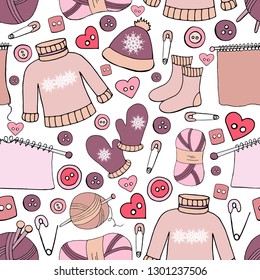 Seamless winter pattern with sweater, cap, socks, gloves and sewing things