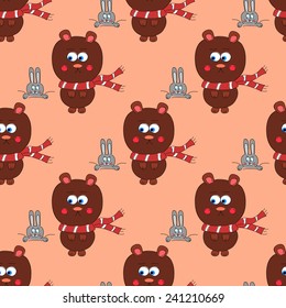 seamless winter pattern with sweet animals bear and rabbit