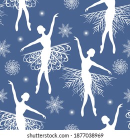 Nahtloses Wintermuster mit zarten Ballerinas und Schneeflocken.