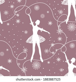 Seamless winter pattern with tender ballerinas and snowflakes.